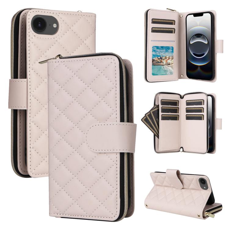

For iPhone 16e Crossbody Rhombic Zipper Tower Buckle Leather Phone Case with Lanyard(Beige)