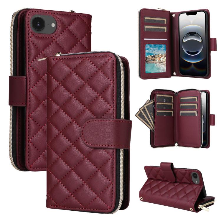 

For iPhone 16e Crossbody Rhombic Zipper Tower Buckle Leather Phone Case with Lanyard(Wine Red)