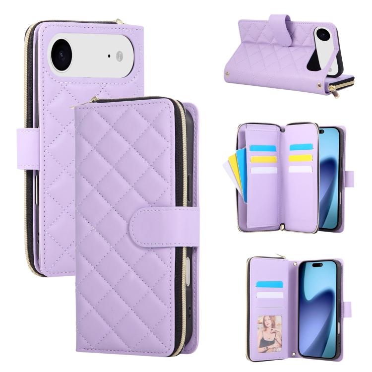 

For iPhone Air Crossbody Rhombic Zipper Tower Buckle Leather Phone Case with Lanyard(Purple)