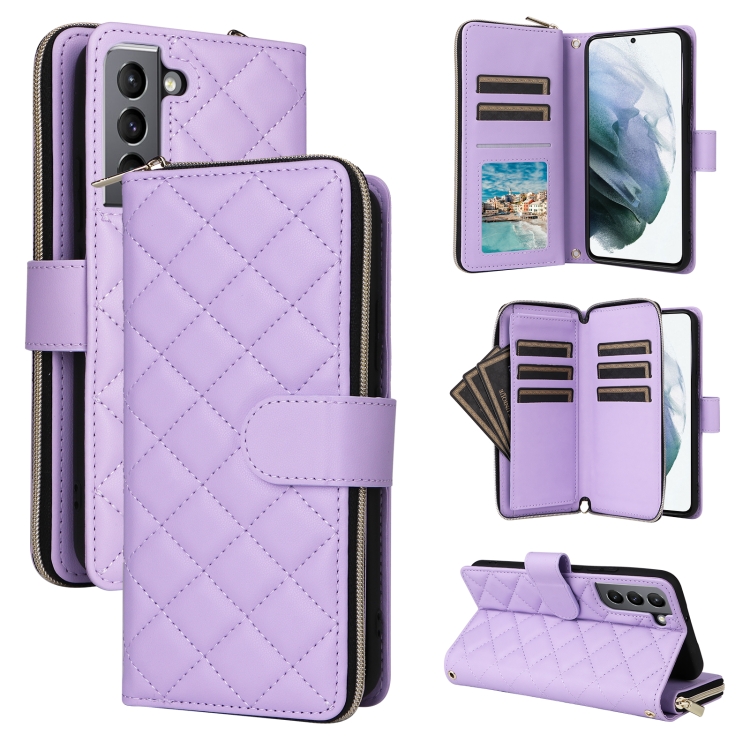 

For Samsung Galaxy S21 5G Crossbody Rhombic Zipper Tower Buckle Leather Phone Case with Lanyard(Purple)