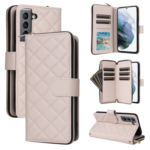 

For Samsung Galaxy S21 5G Crossbody Rhombic Zipper Tower Buckle Leather Phone Case with Lanyard(Beige)