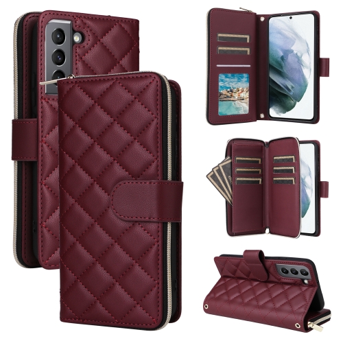 

For Samsung Galaxy S21 5G Crossbody Rhombic Zipper Tower Buckle Leather Phone Case with Lanyard(Wine Red)