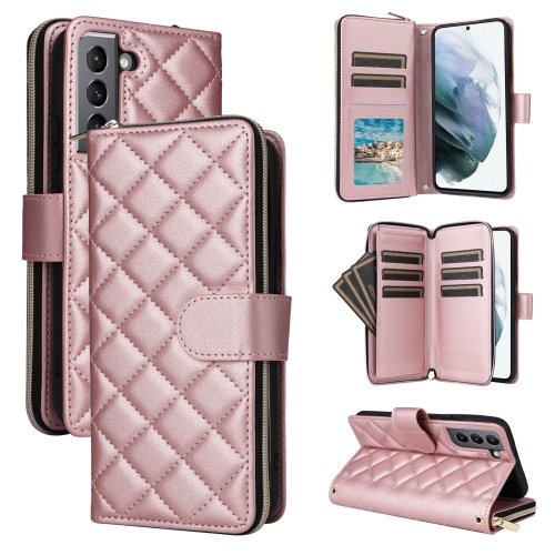 

For Samsung Galaxy S21 5G Crossbody Rhombic Zipper Tower Buckle Leather Phone Case with Lanyard(Rose Gold)