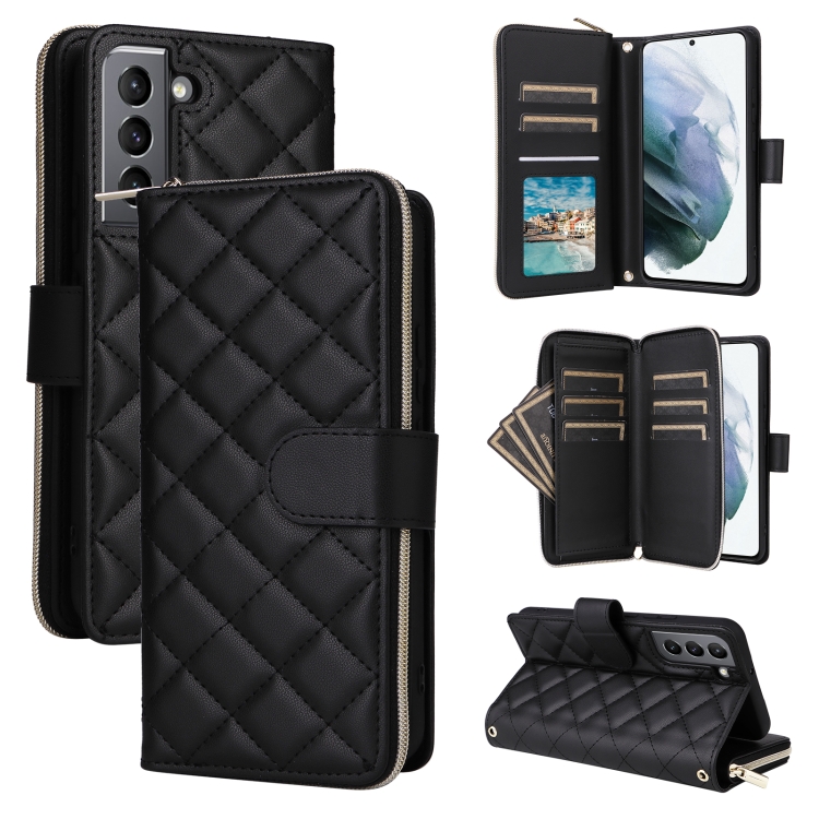 

For Samsung Galaxy S21 5G Crossbody Rhombic Zipper Tower Buckle Leather Phone Case with Lanyard(Black)