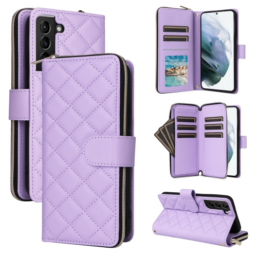 

For Samsung Galaxy S21+ 5G Crossbody Rhombic Zipper Tower Buckle Leather Phone Case with Lanyard(Purple)