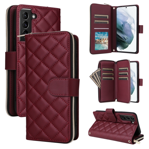 

For Samsung Galaxy S21+ 5G Crossbody Rhombic Zipper Tower Buckle Leather Phone Case with Lanyard(Wine Red)