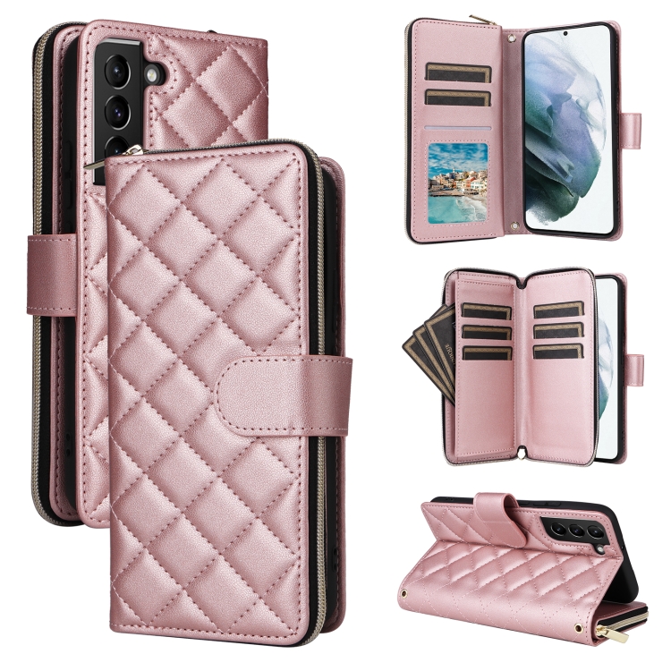 

For Samsung Galaxy S21+ 5G Crossbody Rhombic Zipper Tower Buckle Leather Phone Case with Lanyard(Rose Gold)