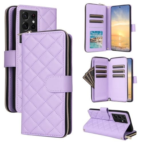 

For Samsung Galaxy S21 Ultra 5G Crossbody Rhombic Zipper Tower Buckle Leather Phone Case with Lanyard(Purple)