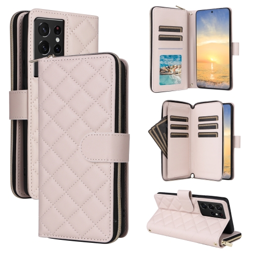 

For Samsung Galaxy S21 Ultra 5G Crossbody Rhombic Zipper Tower Buckle Leather Phone Case with Lanyard(Beige)