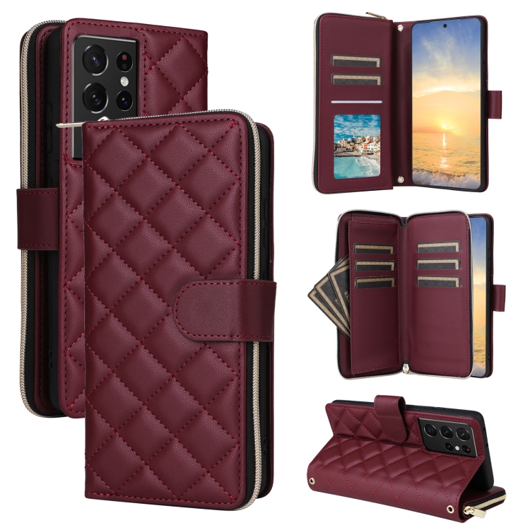 

For Samsung Galaxy S21 Ultra 5G Crossbody Rhombic Zipper Tower Buckle Leather Phone Case with Lanyard(Wine Red)