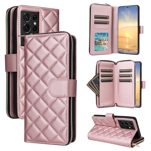 

For Samsung Galaxy S21 Ultra 5G Crossbody Rhombic Zipper Tower Buckle Leather Phone Case with Lanyard(Rose Gold)