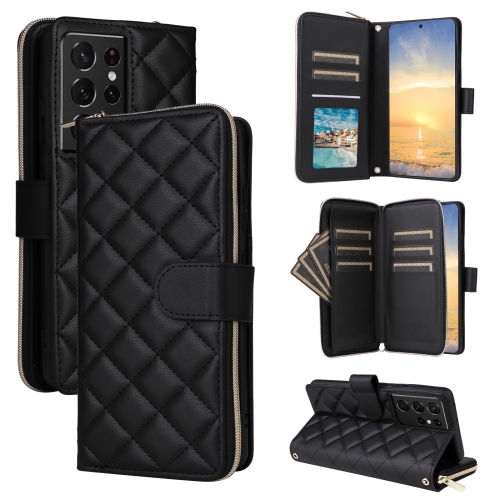 

For Samsung Galaxy S21 Ultra 5G Crossbody Rhombic Zipper Tower Buckle Leather Phone Case with Lanyard(Black)