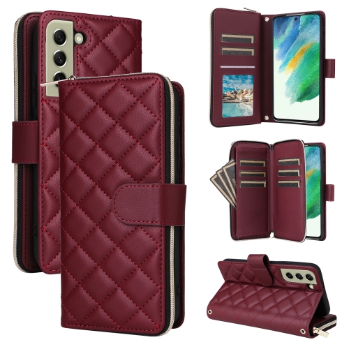 

For Samsung Galaxy S21 FE 5G Crossbody Rhombic Zipper Tower Buckle Leather Phone Case with Lanyard(Wine Red)