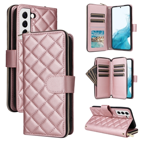 

For Samsung Galaxy S22 5G Crossbody Rhombic Zipper Tower Buckle Leather Phone Case with Lanyard(Rose Gold)