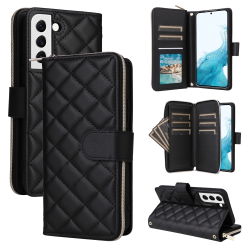 

For Samsung Galaxy S22 5G Crossbody Rhombic Zipper Tower Buckle Leather Phone Case with Lanyard(Black)