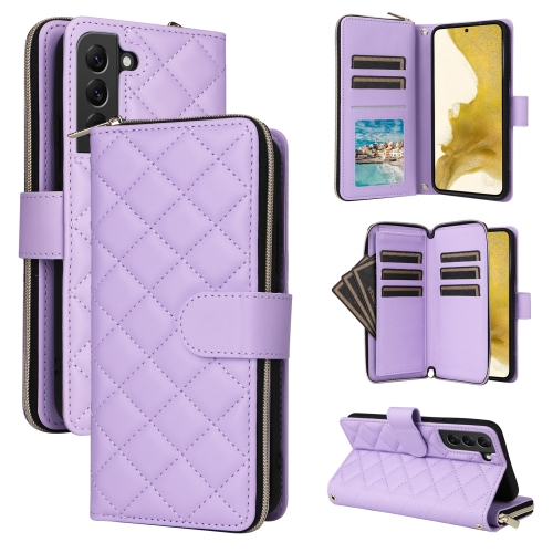 

For Samsung Galaxy S22+ 5G Crossbody Rhombic Zipper Tower Buckle Leather Phone Case with Lanyard(Purple)