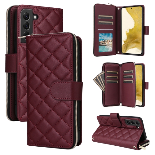 

For Samsung Galaxy S22+ 5G Crossbody Rhombic Zipper Tower Buckle Leather Phone Case with Lanyard(Wine Red)