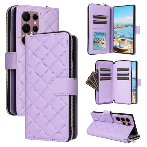 

For Samsung Galaxy S22 Ultra 5G Crossbody Rhombic Zipper Tower Buckle Leather Phone Case with Lanyard(Purple)