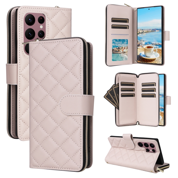 

For Samsung Galaxy S22 Ultra 5G Crossbody Rhombic Zipper Tower Buckle Leather Phone Case with Lanyard(Beige)