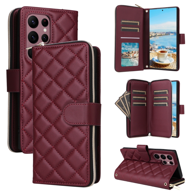 

For Samsung Galaxy S22 Ultra 5G Crossbody Rhombic Zipper Tower Buckle Leather Phone Case with Lanyard(Wine Red)