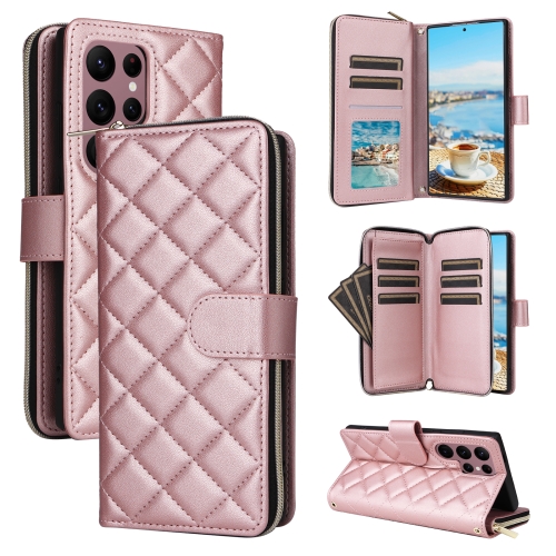 

For Samsung Galaxy S22 Ultra 5G Crossbody Rhombic Zipper Tower Buckle Leather Phone Case with Lanyard(Rose Gold)