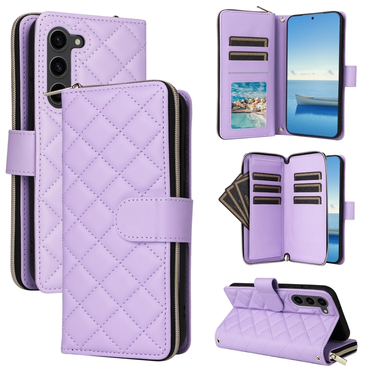 

For Samsung Galaxy S23 5G Crossbody Rhombic Zipper Tower Buckle Leather Phone Case with Lanyard(Purple)