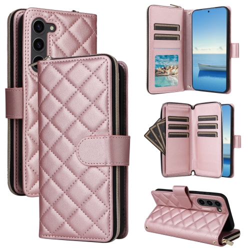 

For Samsung Galaxy S23 5G Crossbody Rhombic Zipper Tower Buckle Leather Phone Case with Lanyard(Rose Gold)