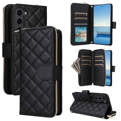 

For Samsung Galaxy S23 5G Crossbody Rhombic Zipper Tower Buckle Leather Phone Case with Lanyard(Black)