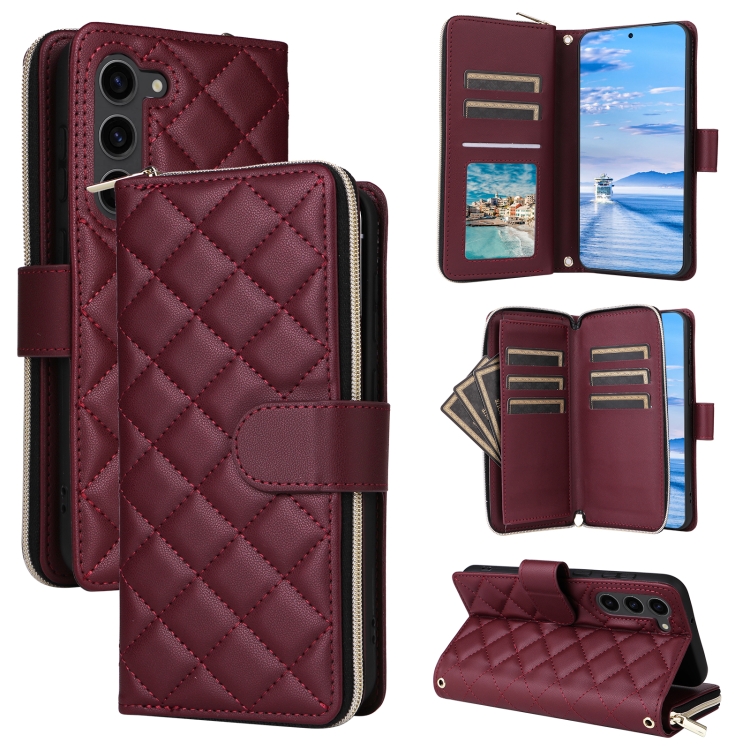 

For Samsung Galaxy S23+ Crossbody Rhombic Zipper Tower Buckle Leather Phone Case with Lanyard(Wine Red)