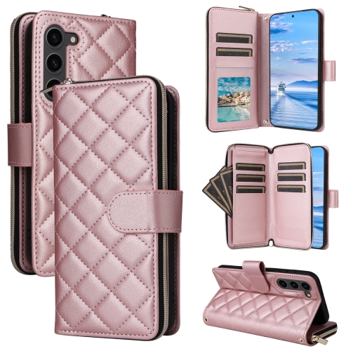 

For Samsung Galaxy S23+ Crossbody Rhombic Zipper Tower Buckle Leather Phone Case with Lanyard(Rose Gold)