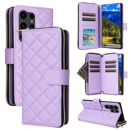 

For Samsung Galaxy S23 Ultra 5G Crossbody Rhombic Zipper Tower Buckle Leather Phone Case with Lanyard(Purple)