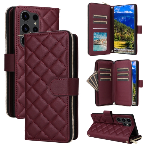 

For Samsung Galaxy S23 Ultra 5G Crossbody Rhombic Zipper Tower Buckle Leather Phone Case with Lanyard(Wine Red)