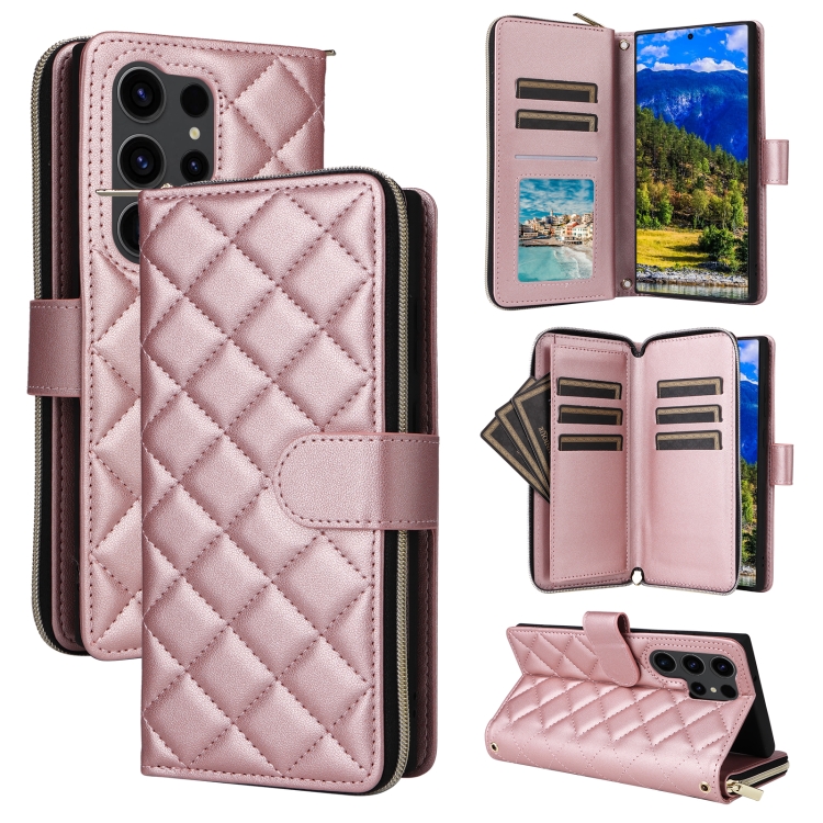 

For Samsung Galaxy S23 Ultra 5G Crossbody Rhombic Zipper Tower Buckle Leather Phone Case with Lanyard(Rose Gold)