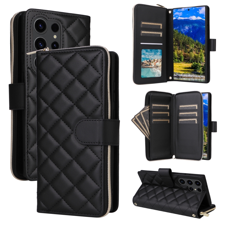

For Samsung Galaxy S23 Ultra 5G Crossbody Rhombic Zipper Tower Buckle Leather Phone Case with Lanyard(Black)