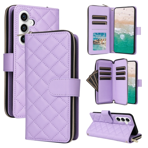 

For Samsung Galaxy S23 FE 5G Crossbody Rhombic Zipper Tower Buckle Leather Phone Case with Lanyard(Purple)
