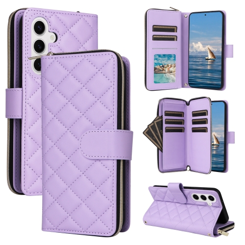 

For Samsung Galaxy S24 5G Crossbody Rhombic Zipper Tower Buckle Leather Phone Case with Lanyard(Purple)