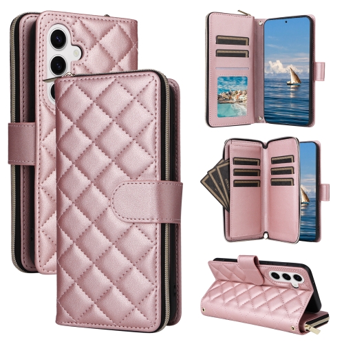 

For Samsung Galaxy S24 5G Crossbody Rhombic Zipper Tower Buckle Leather Phone Case with Lanyard(Rose Gold)