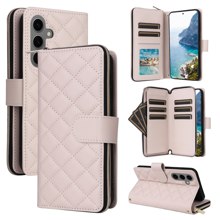 

For Samsung Galaxy S24+ 5G Crossbody Rhombic Zipper Tower Buckle Leather Phone Case with Lanyard(Beige)