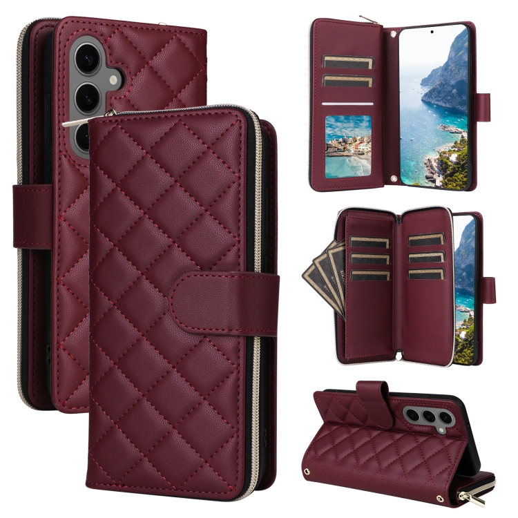 

For Samsung Galaxy S24+ 5G Crossbody Rhombic Zipper Tower Buckle Leather Phone Case with Lanyard(Wine Red)