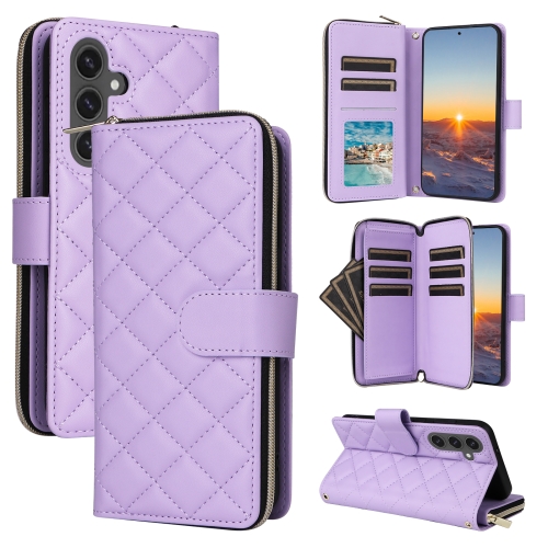 

For Samsung Galaxy S24 FE 5G Crossbody Rhombic Zipper Tower Buckle Leather Phone Case with Lanyard(Purple)