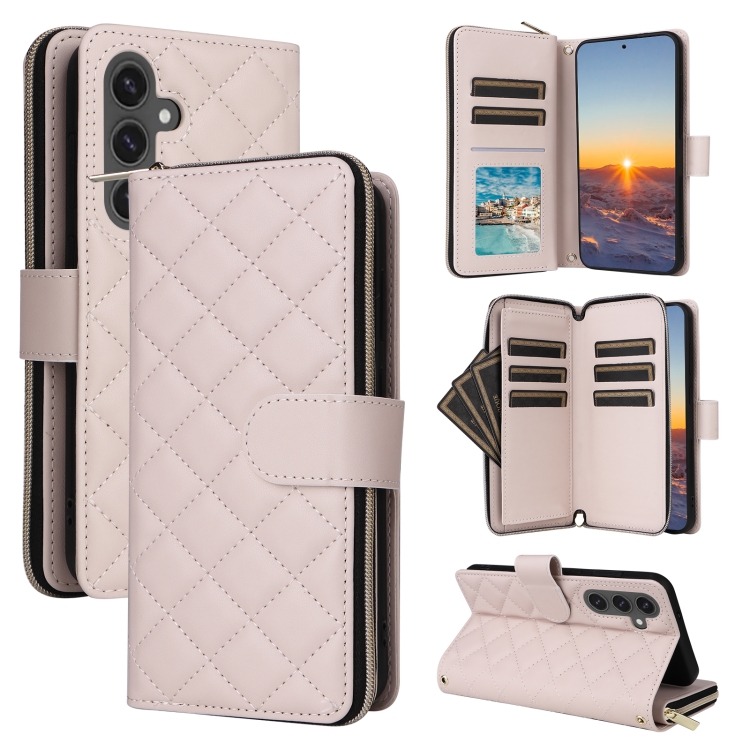 

For Samsung Galaxy S24 FE 5G Crossbody Rhombic Zipper Tower Buckle Leather Phone Case with Lanyard(Beige)