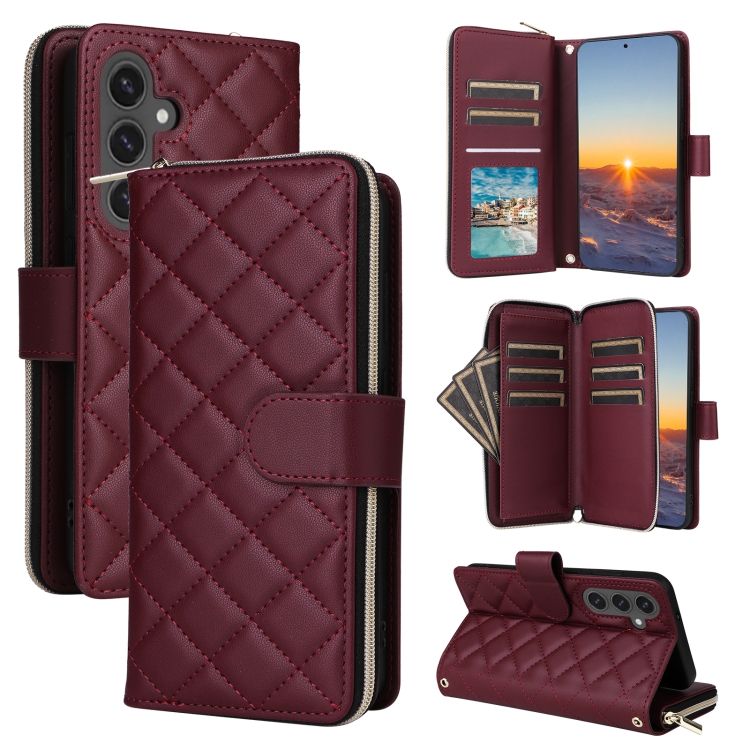 

For Samsung Galaxy S24 FE 5G Crossbody Rhombic Zipper Tower Buckle Leather Phone Case with Lanyard(Wine Red)