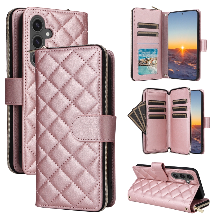 

For Samsung Galaxy S24 FE 5G Crossbody Rhombic Zipper Tower Buckle Leather Phone Case with Lanyard(Rose Gold)