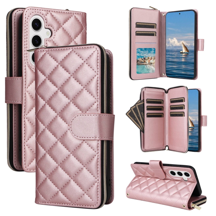

For Samsung Galaxy S25 5G Crossbody Rhombic Zipper Tower Buckle Leather Phone Case with Lanyard(Rose Gold)