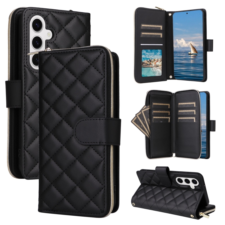 

For Samsung Galaxy S25 5G Crossbody Rhombic Zipper Tower Buckle Leather Phone Case with Lanyard(Black)