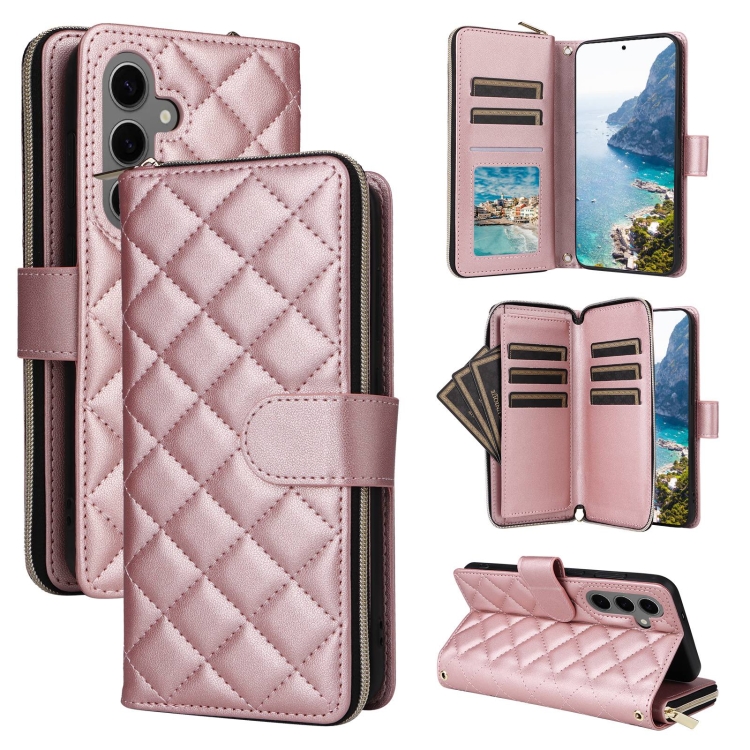 

For Samsung Galaxy S25+ 5G Crossbody Rhombic Zipper Tower Buckle Leather Phone Case with Lanyard(Rose Gold)