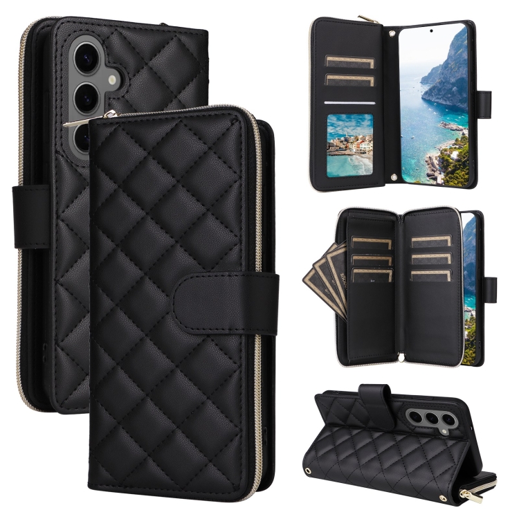

For Samsung Galaxy S25+ 5G Crossbody Rhombic Zipper Tower Buckle Leather Phone Case with Lanyard(Black)