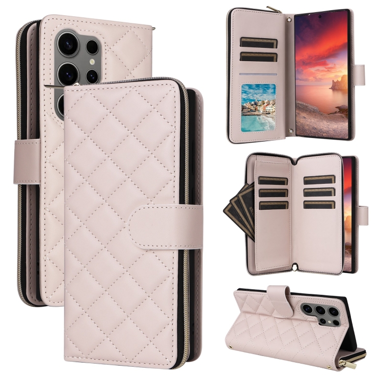

For Samsung Galaxy S25 Ultra 5G Crossbody Rhombic Zipper Tower Buckle Leather Phone Case with Lanyard(Beige)