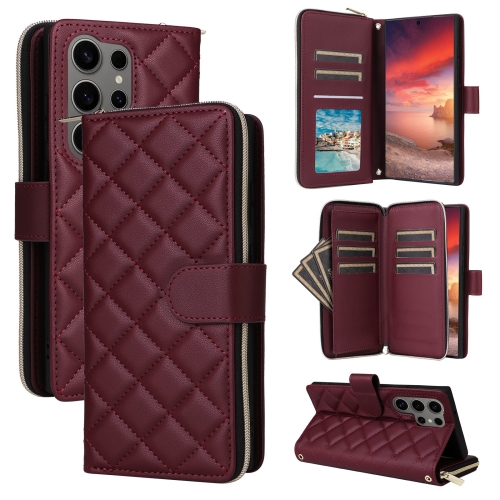 

For Samsung Galaxy S25 Ultra 5G Crossbody Rhombic Zipper Tower Buckle Leather Phone Case with Lanyard(Wine Red)