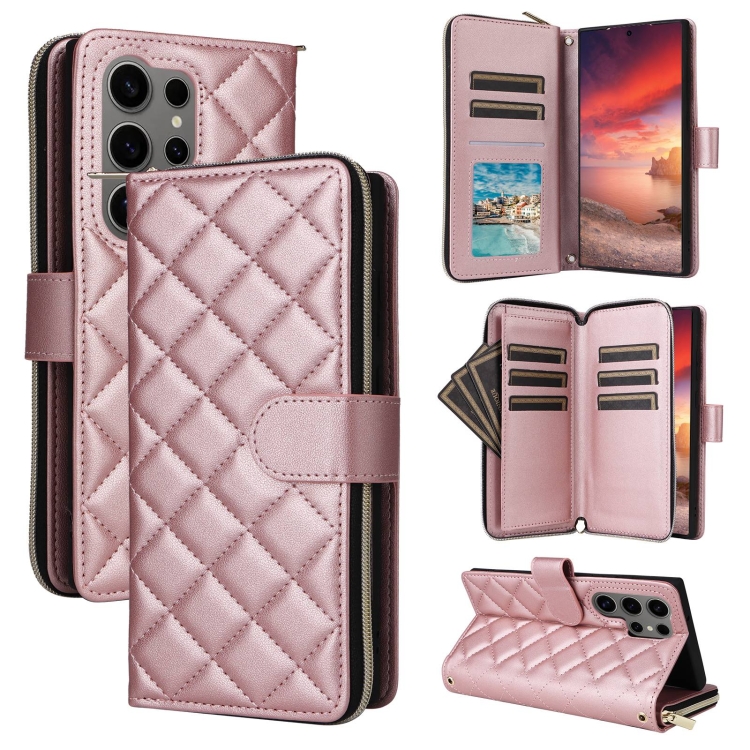 

For Samsung Galaxy S25 Ultra 5G Crossbody Rhombic Zipper Tower Buckle Leather Phone Case with Lanyard(Rose Gold)